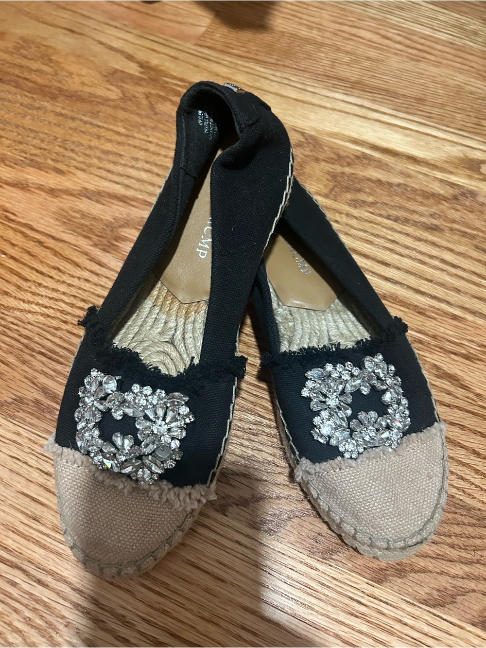 Ivanka Trump Black Canvas Espadrille Flats with Beige Toe and Crystal Appliqué